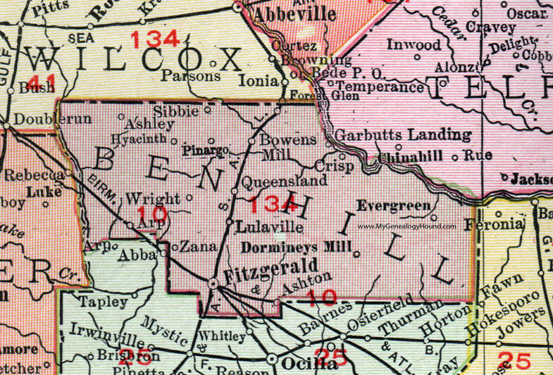 Ben Hill County, Georgia, 1911, Map, Rand McNally, Fitzgerald, Ashton, Dormineys Mill, Bowens Mill, Queensland, Zana, Pinargo, Sibbie, Hyacinth, Arp, Ashley