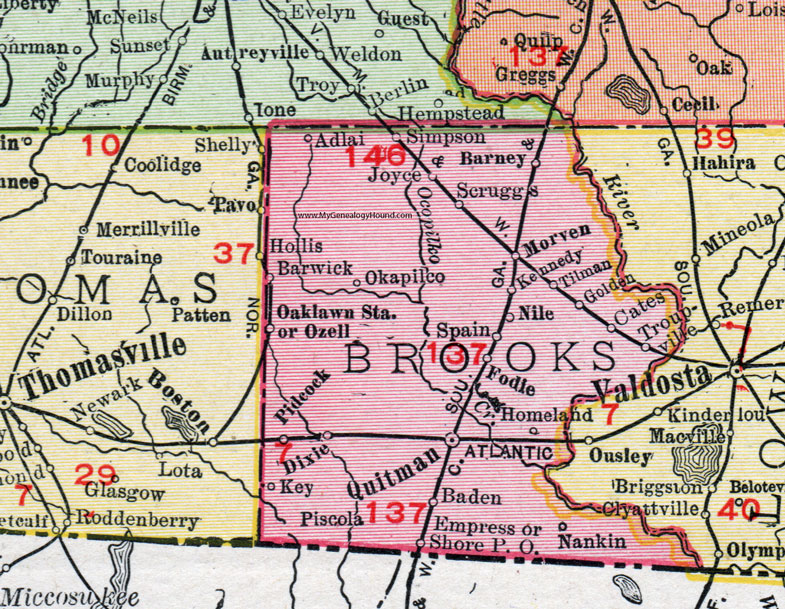 Brooks County, Georgia, 1911, Map, Rand McNally, Quitman, Morven, Barney, Dixie, Baden, Pidcock, Okapilco, Barwick, Adlai, Troupville, Nankin, Piscola