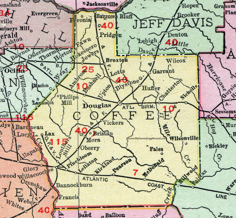 Coffee County, Georgia, 1911, Map, Rand McNally, Douglas, Nicholls, Broxton, Pridgen, Ambrose, Bushnell, Mora, McDonald, Leliaton, Pearson, Willacoochee, Chatterton, Garrant