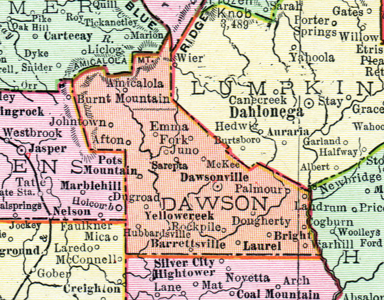 Dawson County, Georgia, 1911, Map, Rand McNally, Dawsonville, Amicalola, Palmour, Juno, McKee, Sarepta, Hubbardsville, Barrettsville, Dougherty, Rockpile, Yellowcreek, Afton, Johntown
