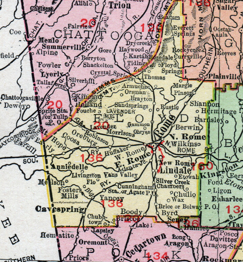 Floyd County, Georgia, 1911, Map, Rand McNally, Rome, Cave Spring, Lindale, Silver Creek, Shannon, Armuchee, Coosa, Oreburg, Robinson, Huffaker, Pinson, Chulio, Zula