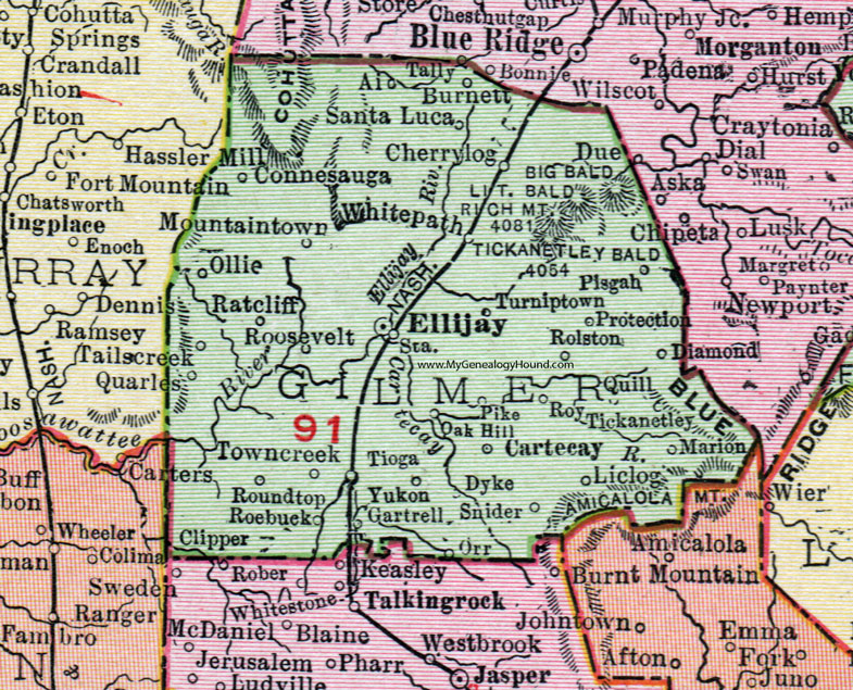 Gilmer County, Georgia, 1911, Map, Rand McNally, Ellijay, Cherry Log, Cartecay, Connesauga, Ratcliff, Gartrell, Turniptown, Santaluca, Rolston, Liclog, Roebuck, Tioga, Roosevelt, Tickanetley