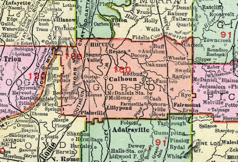 Gordon County, Georgia, 1911, Map, Rand McNally, Calhoun, Resaca, Fairmount, Plainville, Reeves, Ranger, Oakman, Sugar Valley, Audubon, Colima, Fambro, Wheeler, Lilypond, Redbud, Oostanaula
