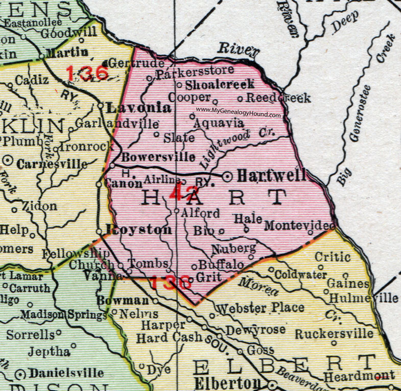 Hart County, Georgia, 1911, Map, Hartwell, Bowersville, Aquavia, Alford, Parkers Store, Shoal Creek, Reed Creek, Cooper, Slate, Airline, Hale, Bio, Montevideo, Tombs, Fellowship Church, Vanna, Nuberg, Buffalo, Grit