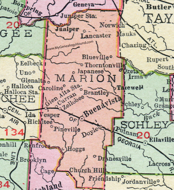 Marion County, Georgia, 1911, Map, Buena Vista, Juniper, Zellobee, Brantley, Curran, Japanese, Lancaster, Blueville, Pineville, Tazewell, Oreta, Dranesville, Doyle, Hoggs, Vesper, Caroline