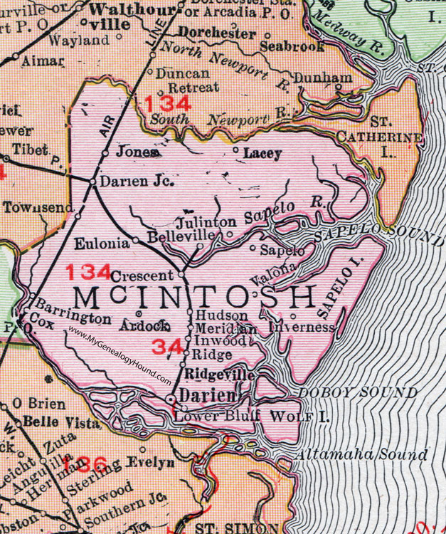 McIntosh County, Georgia, 1911, Map, Darien, Crescent, Townsend, Valona, Meridian, Julinton, Eulonia, Ridgeville, Inwood, Hudson, Inverness, Ardick, Ardock, Barrington, Sapelo, Lacey, Jones, Cox