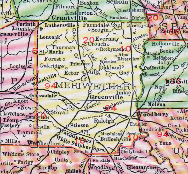 Meriwether County, Georgia, 1911, Map, Greenville, Woodbury, Warm Springs, Manchester, Luthersville