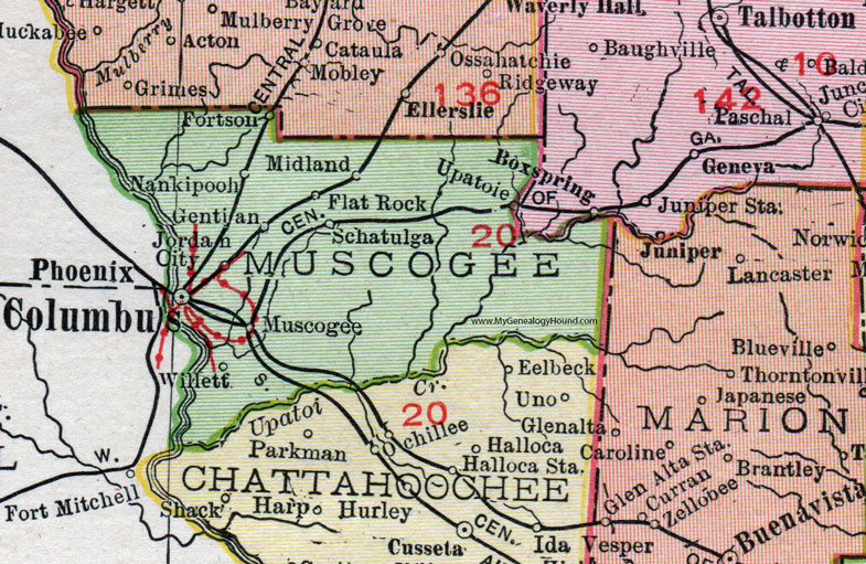 Muscogee County, Georgia, 1911, Map, Rand McNally, Columbus, Willett, Midland, Upator, Fortson, Nankipooh, Willett, Gentian, Jordan City, Flat Rock, Schatulga