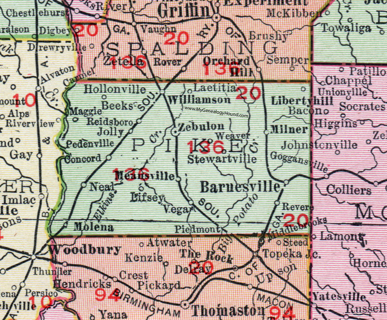 Pike County, Georgia, 1911, Map, Barnesville, Zebulon, Williamson, Milner, Concord