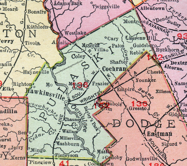 Pulaski County, Georgia, 1911, Map, Hawkinsville, Cochran, Chauncy, McGriff, Shafter