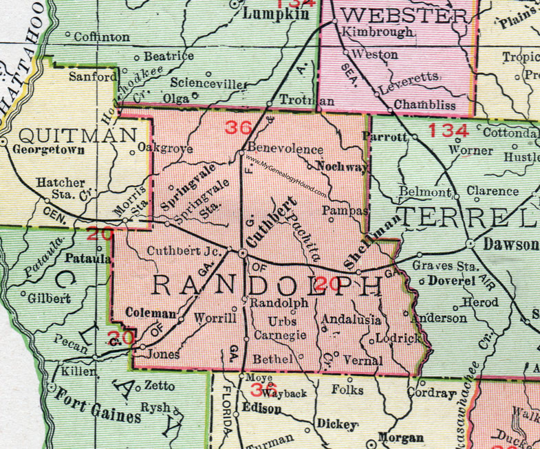 Randolph County, Georgia, 1911, Map, Cuthbert, Shellman, Benevolence, Coleman, Carnegie