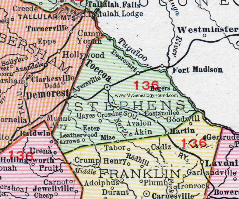 Stephens County, Georgia, 1911, Map, Toccoa, Eastanollee, Martin