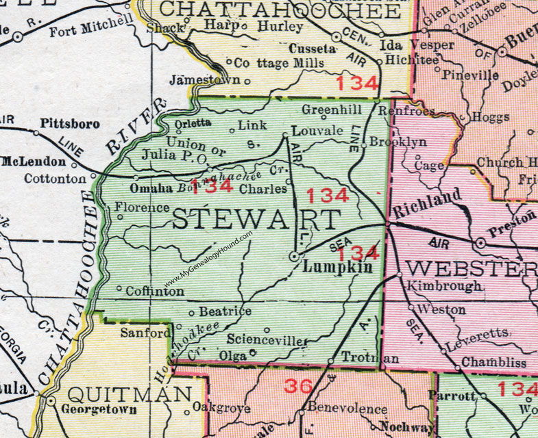 Stewart County, Georgia, 1911, Map, Lumpkin, Richland, Omaha, Louvale, Brooklyn