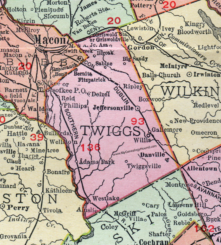 Twiggs County, Georgia, 1911, Map, Jeffersonville, Danville, Sabine, Bullard, Dry Brand, Ripley