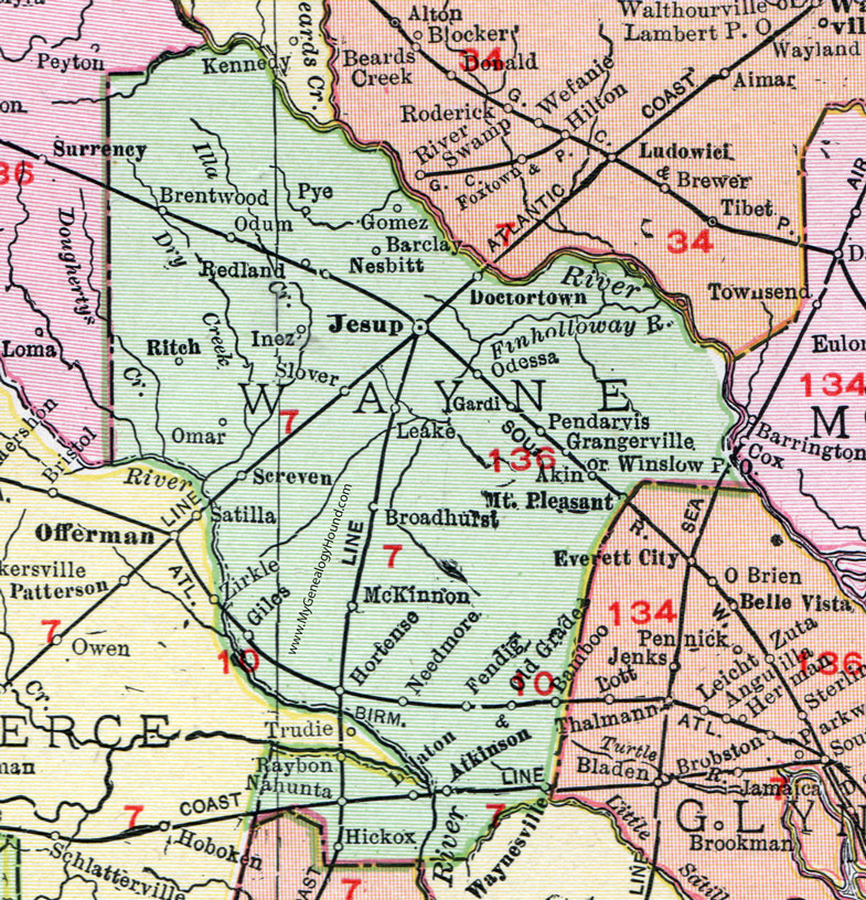 Wayne County, Georgia, 1911, Map, Jesup, Screven, Doctortown, Broadhurst, Odum, Nahunta