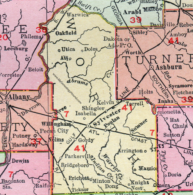 Worth County, Georgia, 1911, Map, Sylvester, Poulan, Sumner, Bridgeboro, Shingler, Warwick, Oakfield