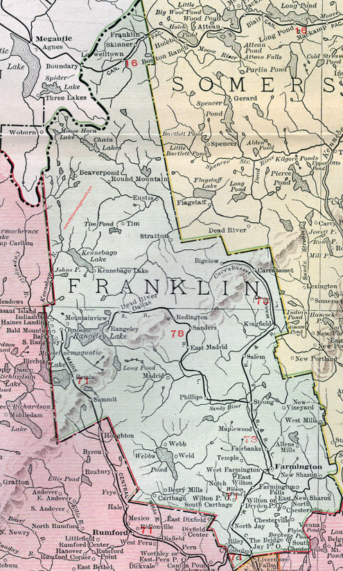 Franklin County, Maine, 1912, map, Farmington, Jay, Wilton, New Sharon, Chisholm, Chesterville, Strong, Rangeley, Phillips, Kingfield, Carrabassett, New Vineyard, Eustis, Carthage