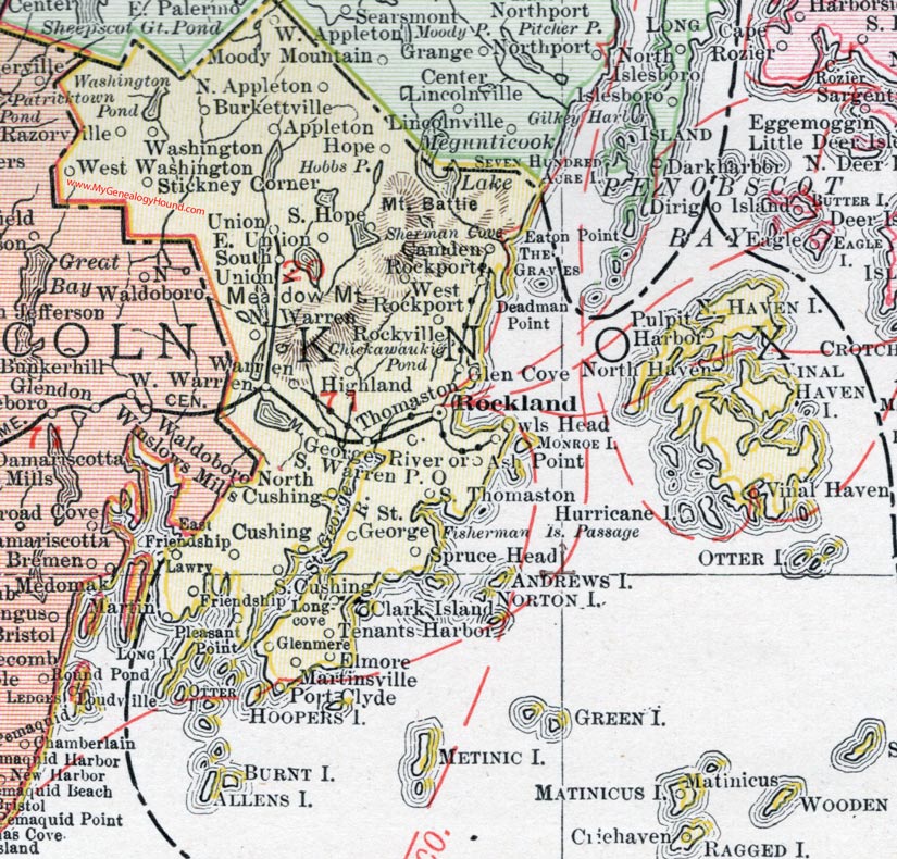 Knox County, Maine, 1912, map, Rockland, Camden, Warren, Rockport, Thomaston, St. George, Union, Owls Head, South Thomaston, Hope, Cushing, Washington, Appleton, Vinalhaven, Friendship