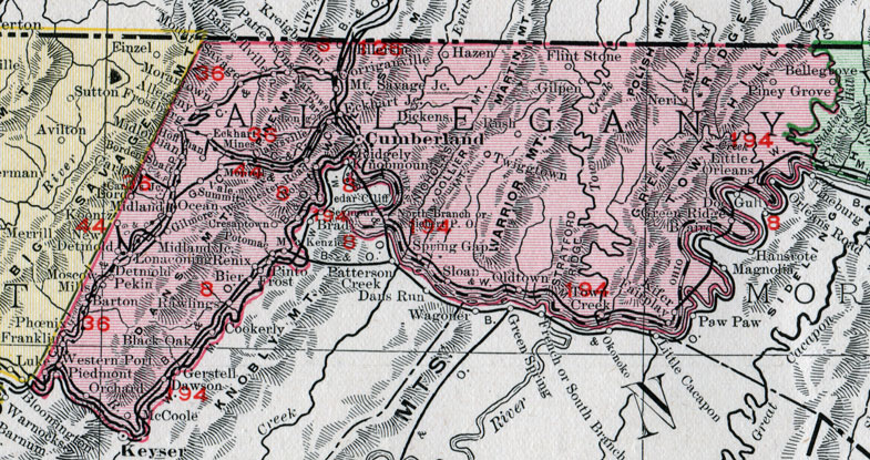 Allegany County, Maryland, Map, 1911, Rand McNally, Cumberland, Frostburg, Westernport, Cresaptown, Mount Savage, Corriganville, Ridgely, Eckhart Mines, Barton, Pinto, Little Orleans, Kifer, Gilmore