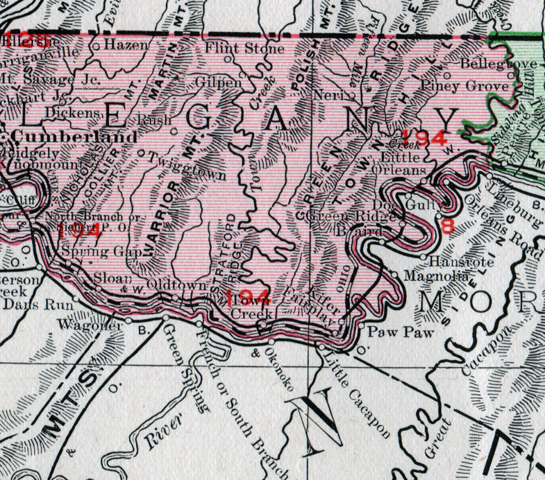 The eastern half of Alleghany County, Maryland on a 1911 map by Rand McNally.
