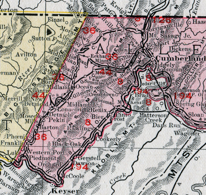 The western half of Alleghany County, Maryland on a 1911 map by Rand McNally.