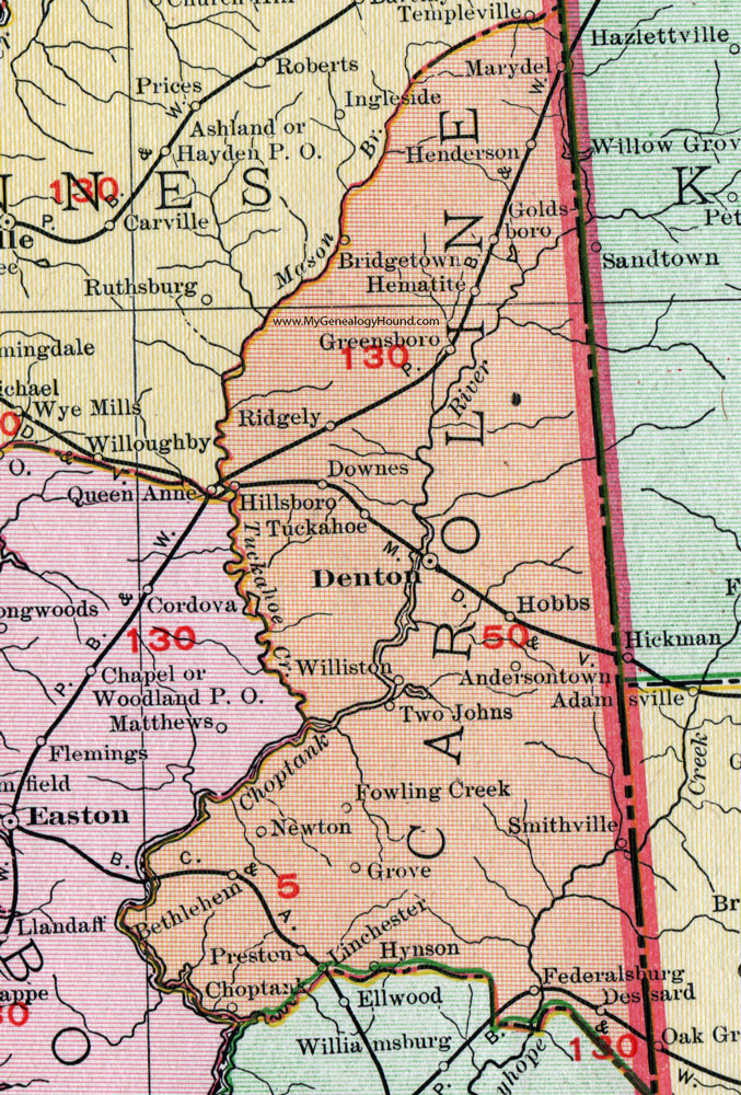 Caroline County, Maryland, Map, 1911, Rand McNally, Denton, Greensboro, Ridgely, Federalsburg, Marydel, Goldsboro, Hematite, Downes, Tuckahoe, Hobbs, Bethlehem, Choptank, Linchester, Hynson, Dessard