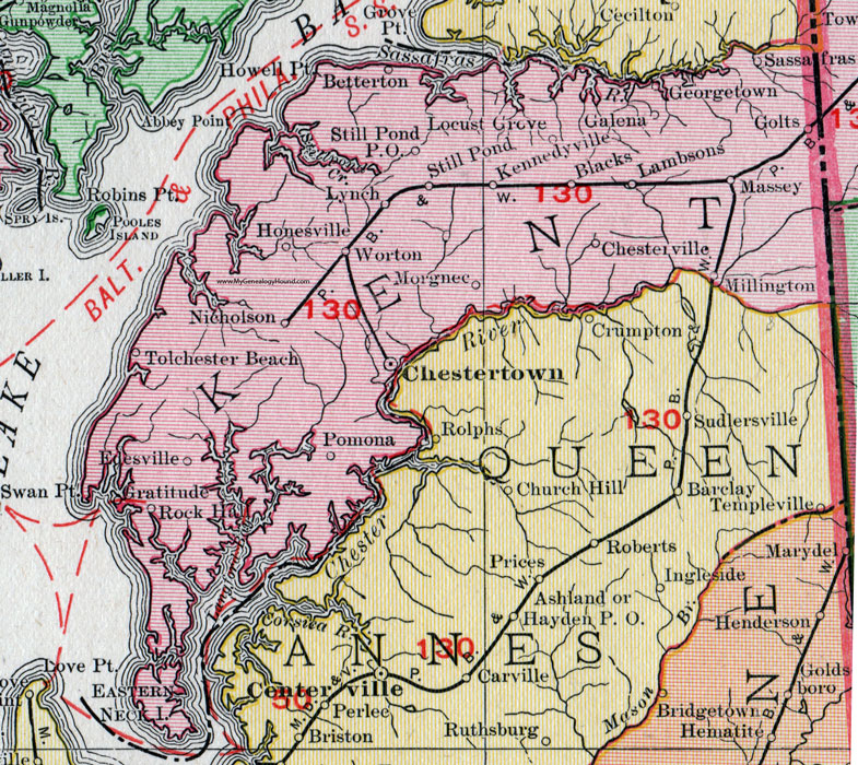 Kent County, Maryland, Map, 1911, Rand McNally, Chestertown, Pomona, Tolchester Beach, Rock Hall, Kennedyville, Lambsons, Millington, Massry, Sassafras, Betterton, Honesville, Edesville, Morgnec 