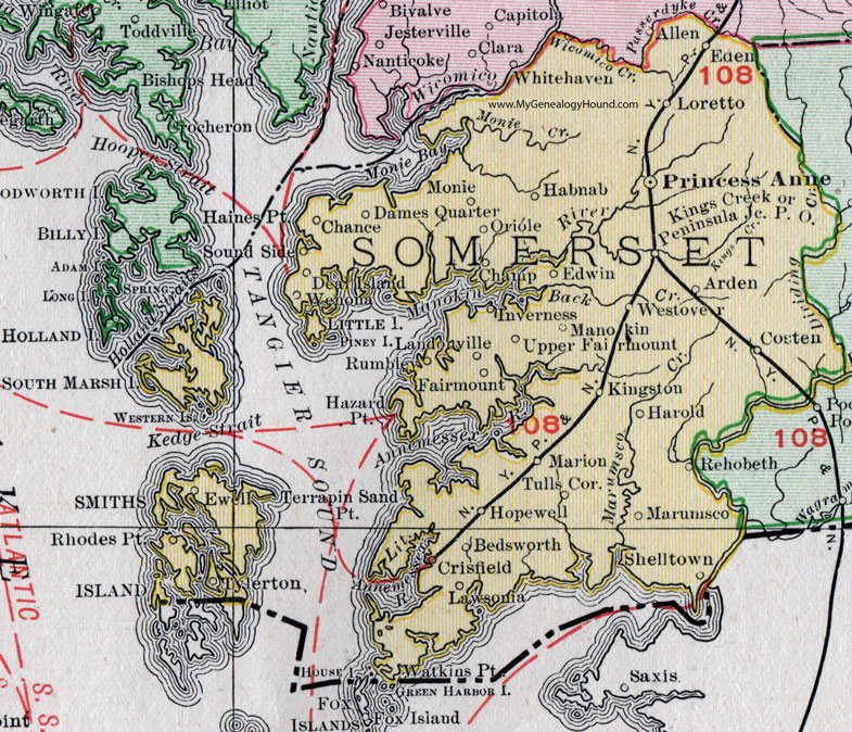 Somerset County, Maryland, Map, 1911, Rand McNally, Princess Anne, Crisfield, Inverness, Manokin, Loretto, Monie, Dames Quarter, Landonville, Costen, Rehobeth, Marumsco, Shelltown, Bedsworth, Crisfield, Lawsonia