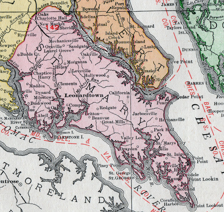 St. Mary’s County, Maryland, Map, 1911, Rand McNally, Leonardtown, California, Charlotte Hall, Dynard, Mechanicsville, Hollywood, Beauvue, Hermanville, Jarboesville, Drayden, Valley Lee, St. Inigoes, Chaptico, Morganza, Milestown