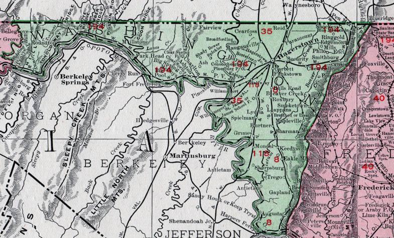Washington County, Maryland, Map, 1911, Rand McNally, Hagerstown, Williamsport, Halfway, Sharpsburg, Boonsboro, Hancock, Antietam Station, Maugansville, Funkstown, Conococheague, Ringgold, Keedysville, Corbett
