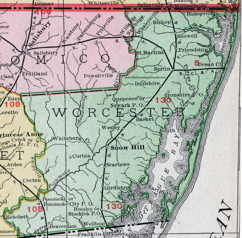 Worcester County, Maryland, Map, 1911, Rand McNally, Snow Hill, Pocomoke City, Ocean City, Berlin, Ironshire, Showell, Scarboro, Girdletree, Wellbourne, Whitesburg, Bishopville, Whaleysville, St. Martins