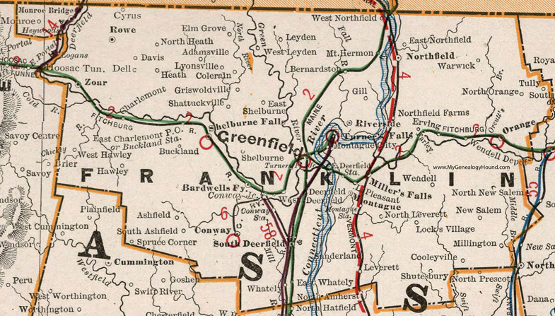 Franklin County, Massachusetts, 1901, Map, Cram, Greenfield, Turners Falls, Orange, South Deerfield, Northfield, Rowe, Conway, Millers Falls, Montague, Shelburne Falls, Mt. Hermon, Bernardston, Shattuckville, Charlemont, Ashfield, MA