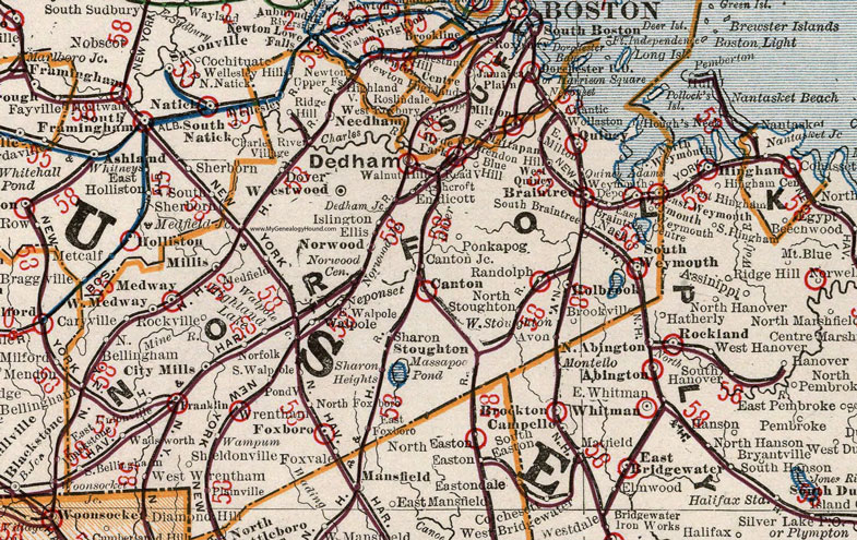 Norfolk County, Massachusetts, 1901, Map, Cram, Dedham, Quincy, Braintree, Stoughton, Foxboro, Needham, Cohasset, City Mills, Medway, Westwood, Wrentham, Sheldonville, Wadsworth, Rockville, Norwood, MA