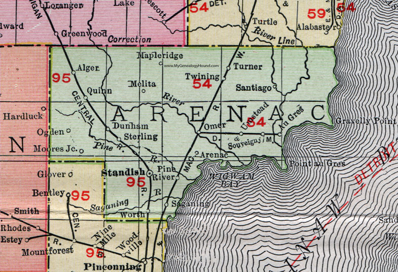 Arenac County, Michigan, 1911, Map, Rand McNally, Standish, Sterling, Au Gres, Twining, Turner, Alger, Omer, Santiago, Melita, Saganing, Dunham, Arenac