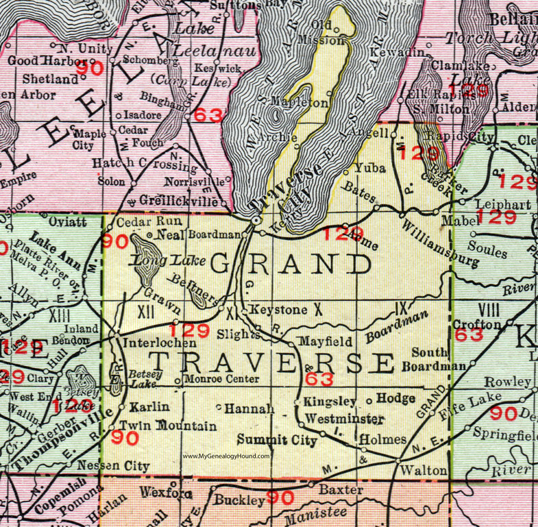 Grand Traverse County, Michigan, 1911, Map, Rand McNally, Traverse City, Williamsburg, Old Mission, Acme, Interlochen, Karlin, Kingsley, Fife Lake, Grawn, Boardman, Yuba, Mayfield, Walton 