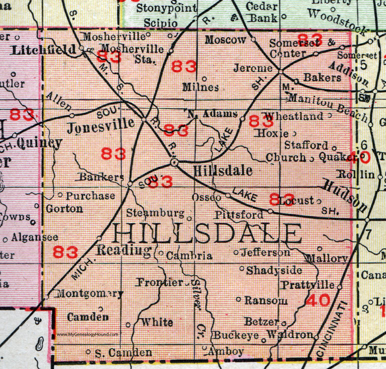 Hillsdale County, Michigan, 1911, Map, Rand McNally, Litchfield, Jonesville, Reading, Osseo, North Adams, Moscow, Mosherville, Allen, Montgomery, Camden, Frontier, Pittsford