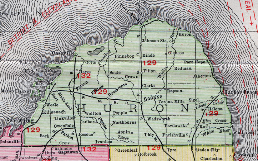 Huron County, Michigan, 1911, Map, Rand McNally, Bad Axe, Pigeon, Port Austin, Grindstone City, Port Hope, Harbor Beach, Elkton, Bay Port, Owendale, Sebewaing, Caseville, Kinde, Filion