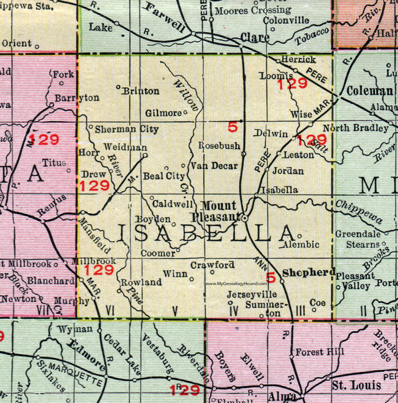 Isabella County, Michigan, 1911, Map, Rand McNally, Mount Pleasant, Shepherd, Weidman, Winn, Rosebush, Van Decar, Coomer, Boyden, Rowland, Jerseyville, Herrick, Loomis, Delwin