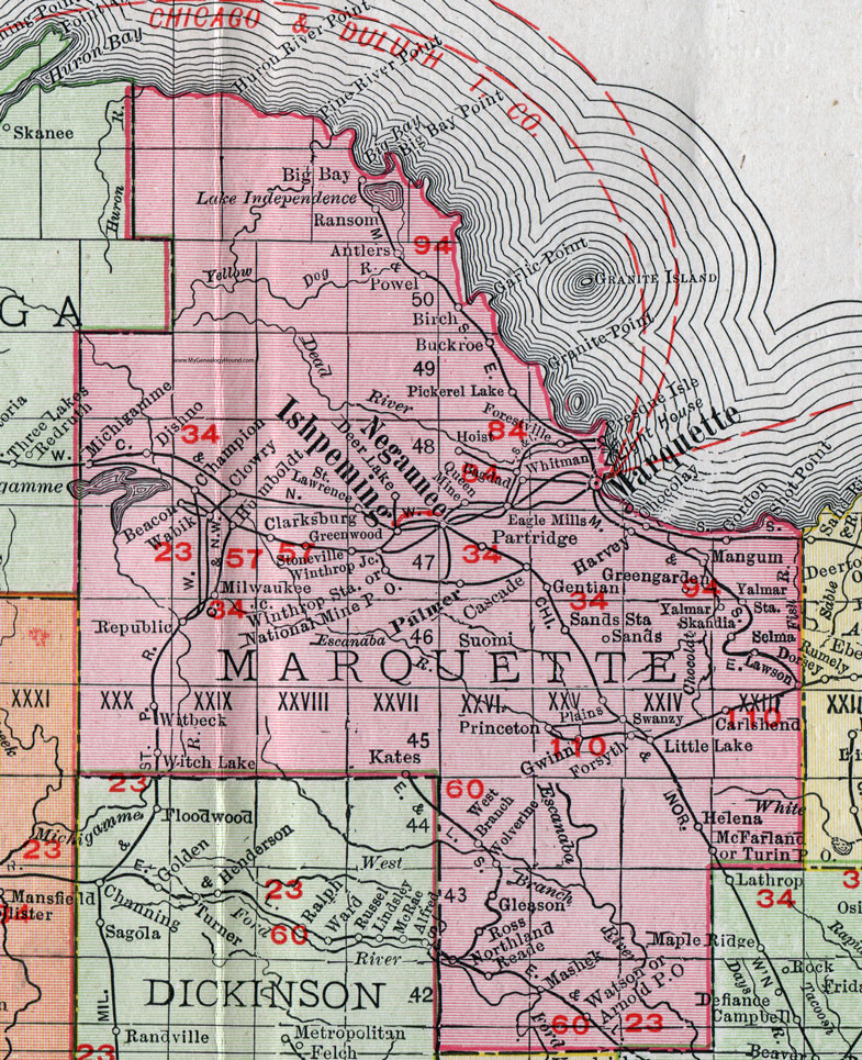 Marquette County, Michigan, 1911, Map, Rand McNally, Ishpeming, Negaunee, Gwinn, Harvey, Princeton, Little Lake, National Mine, Palmer, Champion, Republic, Big Bay, Northland, Arnold