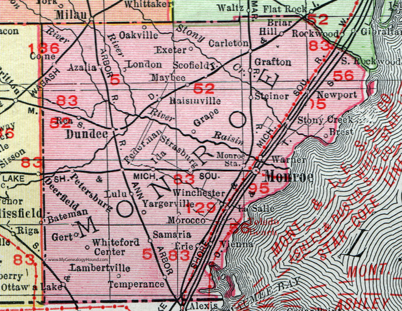Monroe County, Michigan, 1911, Map, Rand McNally, Dundee, Lambertville, Temperance, Petersburg, Azalia, Carleton, Newport, Erie, Samaria, Ottawa Lake, Ida, Maybee, Winchester, Yargerville