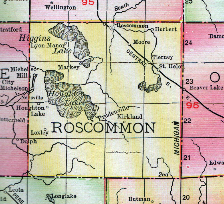 Roscommon County, Michigan, 1911, Map, Rand McNally, St. Helen, Houghton Lake, Prudenville, Lyon Manor, Markey, Tierney, Herbert, Nellsville, Loxley, Kirkland, Moore, Michelson