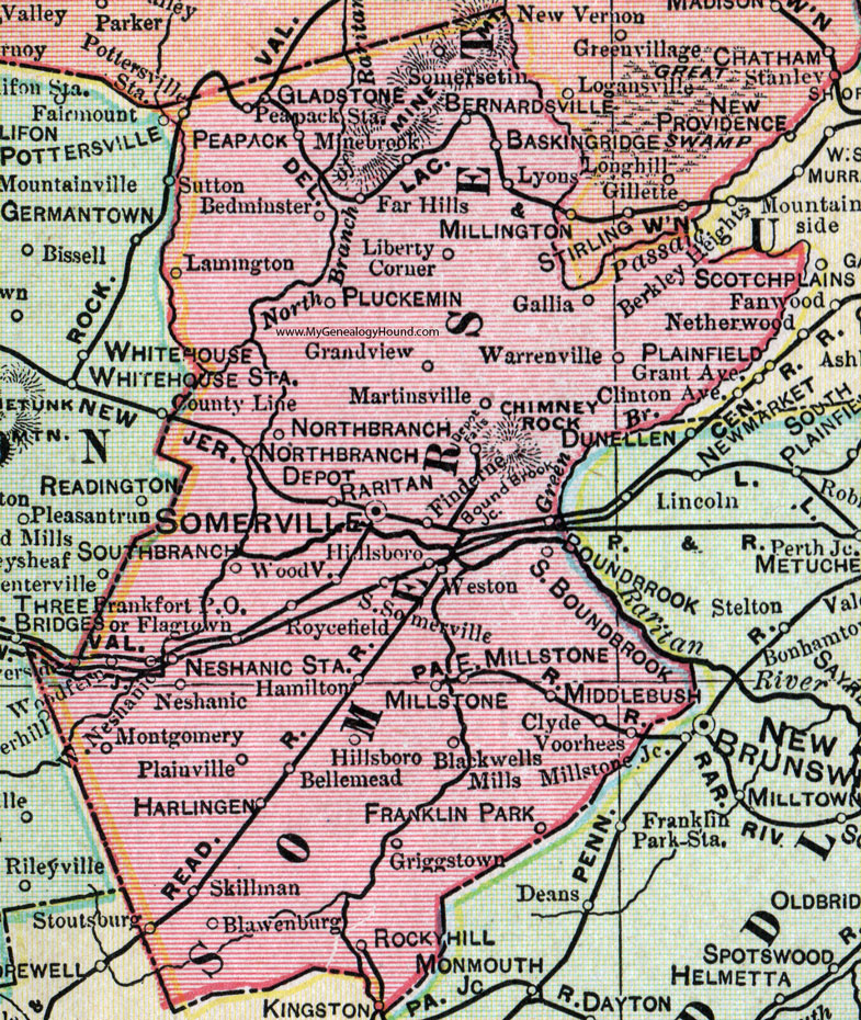 Somerset County, New Jersey, 1905, Map, Cram, Somerville, Bernardsville, Raritan, Basking Ridge, Gladstone, Peapack, Pluckemin, North Branch, Millstone, Franklin Park, Harlingen