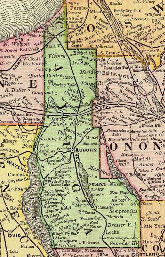 Cayuga County, New York 1897 Map by Rand McNally, Auburn, King Ferry, Moravia, Montezuma, Port Bryon, Weedsport, Sennett, Kelloggsville, Meridian, Owasco, NY