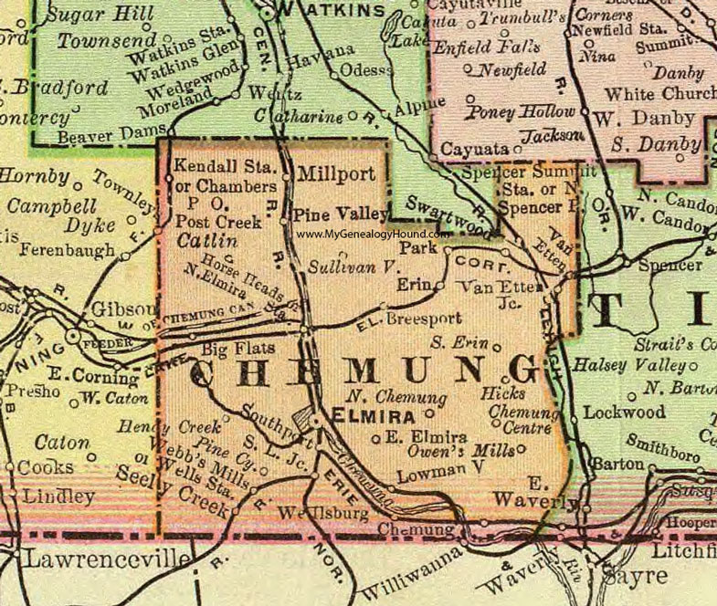 Chemung County, New York 1897 Map by Rand McNally, Elmira, Horseheads, Big Flats, Van Etten, Pine City, Wellsburg, Southport, Breesport, Millport, Pine Valley, Erin, NY
