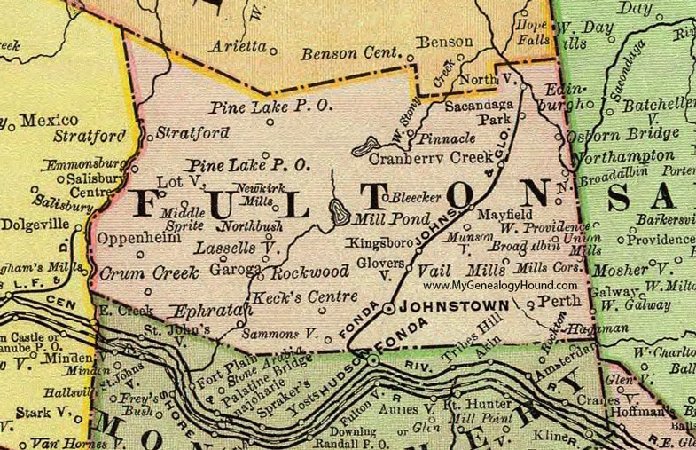 Fulton County, New York 1897 Map by Rand McNally, Johnstown, Gloversville, Broadalbin, Northville, Mayfield, Ephratah, Oppenheim, Perth, Vail Mills, Bleecker, NY