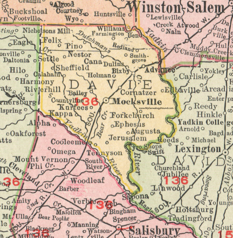 Davie County North Carolina 1911 Map Rand Mcnally Mocksville