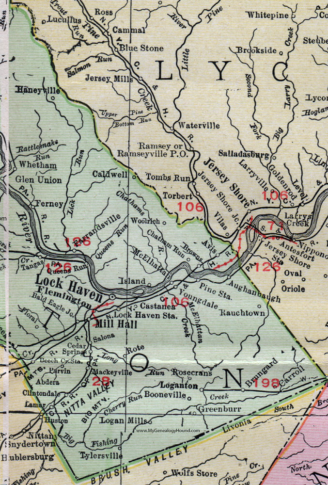Eastern Clinton County, Pennsylvania on an 1911 map by Rand McNally.