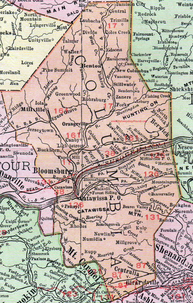 Columbia County, Pennsylvania 1911 Map by Rand McNally, Bloomsburg, Berwick, Catawissa, Mifflinville, Centralia, Benton, Millville, Stillwater, Aristes, Numidia, Orangeville, PA