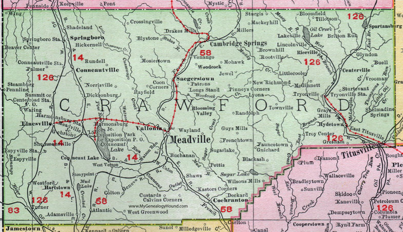 Crawford County, Pennsylvania 1911 Map by Rand McNally, Meadville, Titusville, Spartansburg, Cambridge Springs, Linesville, Conneautville, Venango, Cochranton, Hartstown, Adamsville, Saegertown, Springboro, Harmonsburg,  PA