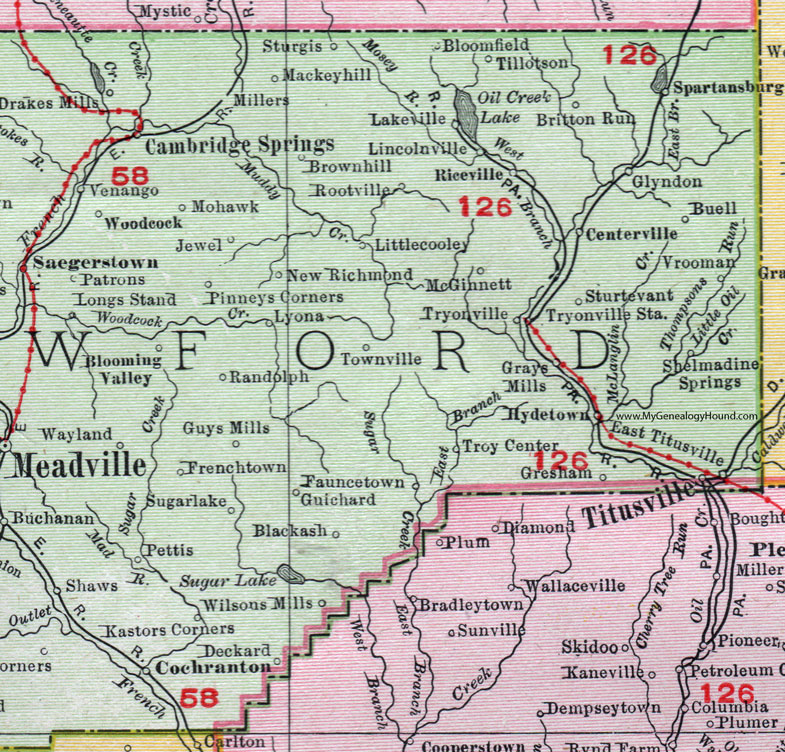 Eastern Crawford County, Pennsylvania on an 1911 map by Rand McNally.